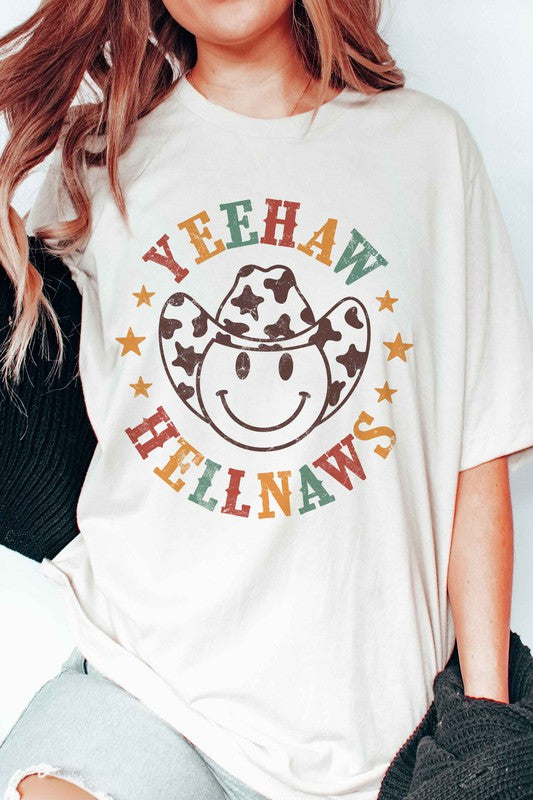 HAPPY FACE COWBOY YEEHAW HELLNAWS GRAPHIC TEE