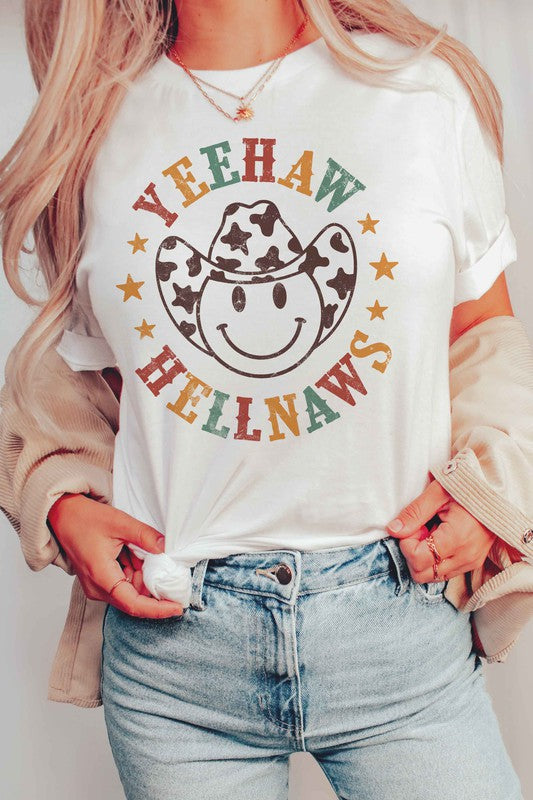 HAPPY FACE COWBOY YEEHAW HELLNAWS GRAPHIC TEE