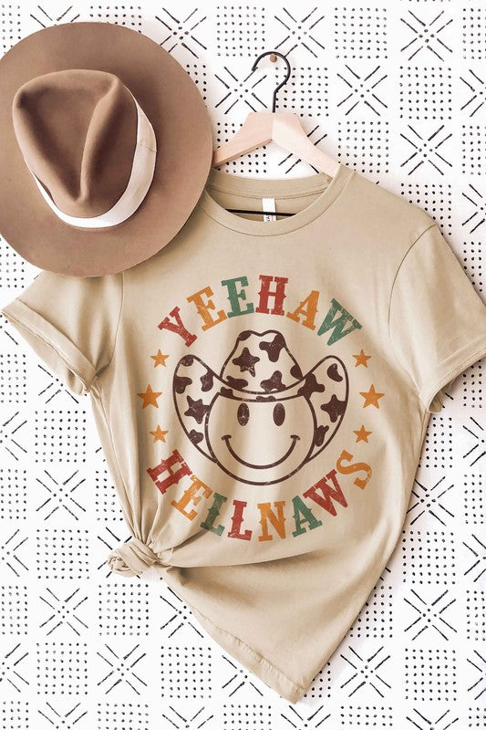 HAPPY FACE COWBOY YEEHAW HELLNAWS GRAPHIC TEE